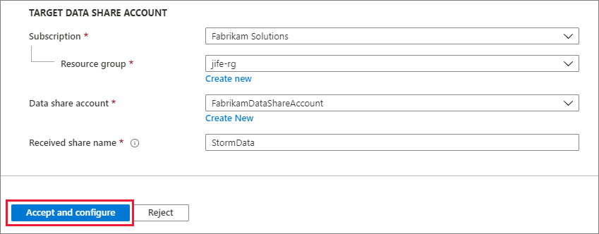 Screenshot of the acceptance page, showing the target data share account information filled out.