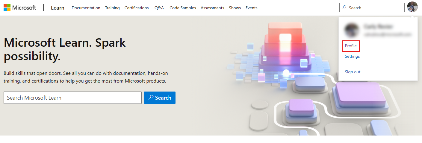 Screenshot of the Microsoft Learn home page with the profile dropdown menu displayed.