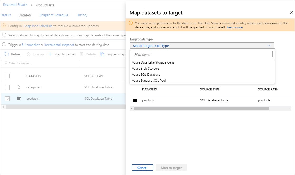 Screenshot of the map datasets to target window, showing available targets in the dropdown.