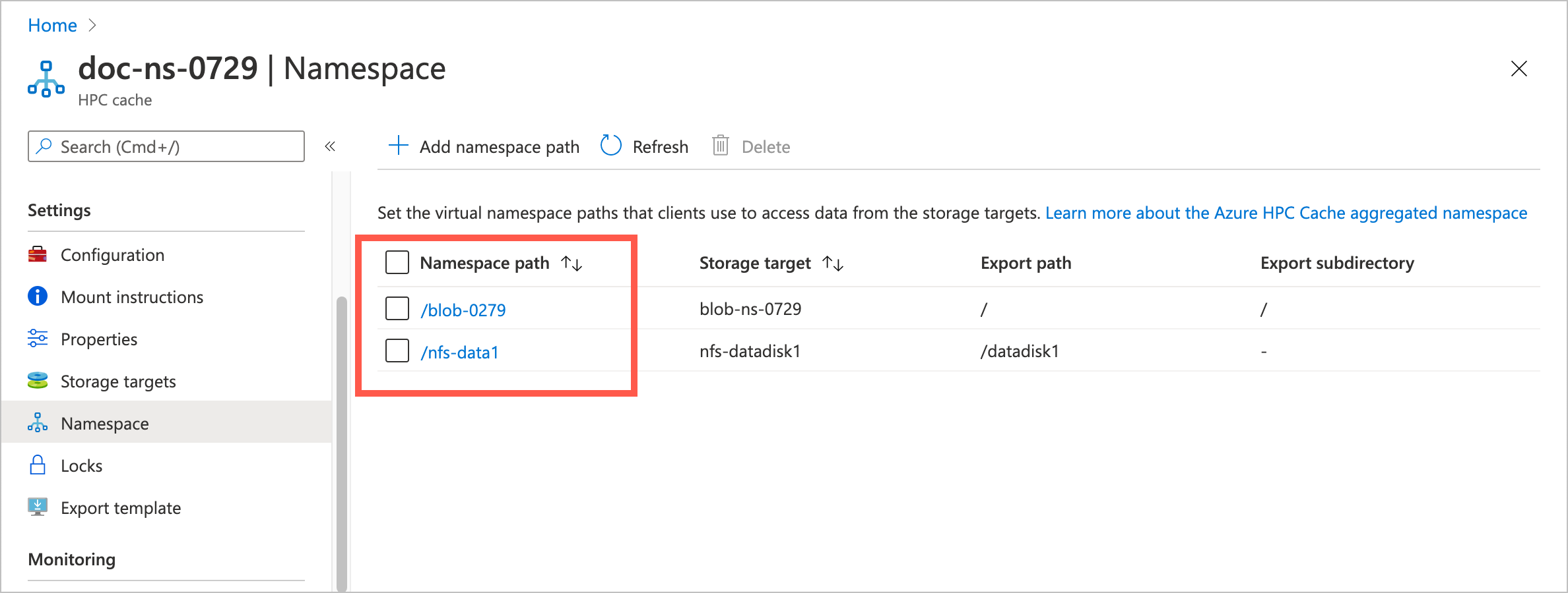 screenshot of the portal Settings > Namespace page with a highlight box around the first column of the table: "Namespace path"