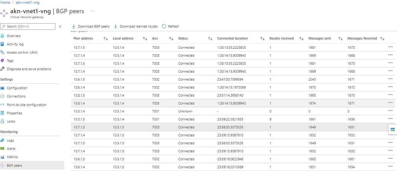 Screenshot of BGP peers.