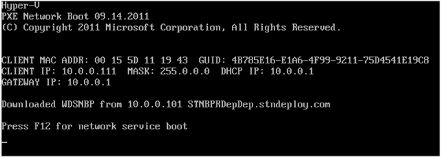 Example BIOS PXE screen from a Hyper-V virtual machine.