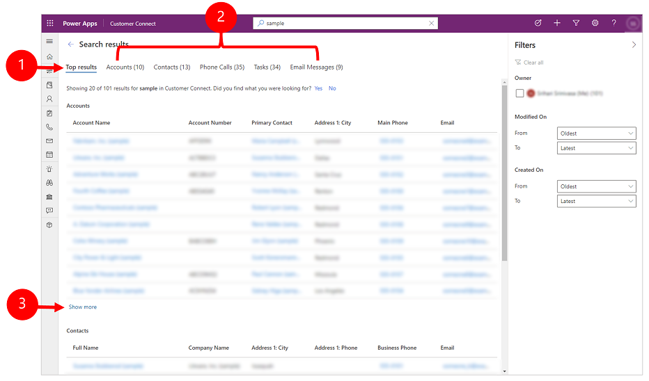 Example of top search results from three different tables.