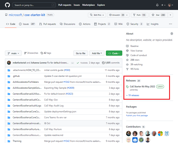 Screenshot showing where to find the latest release notes for the CoE Starter Kit