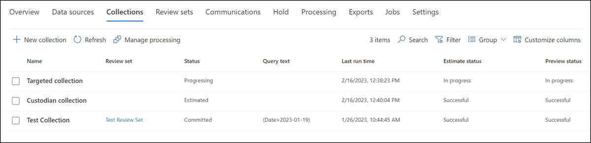 Status states for a collection estimate.