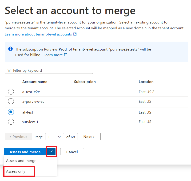 Screenshot of assess and merge button dropdown showing the assess only option.