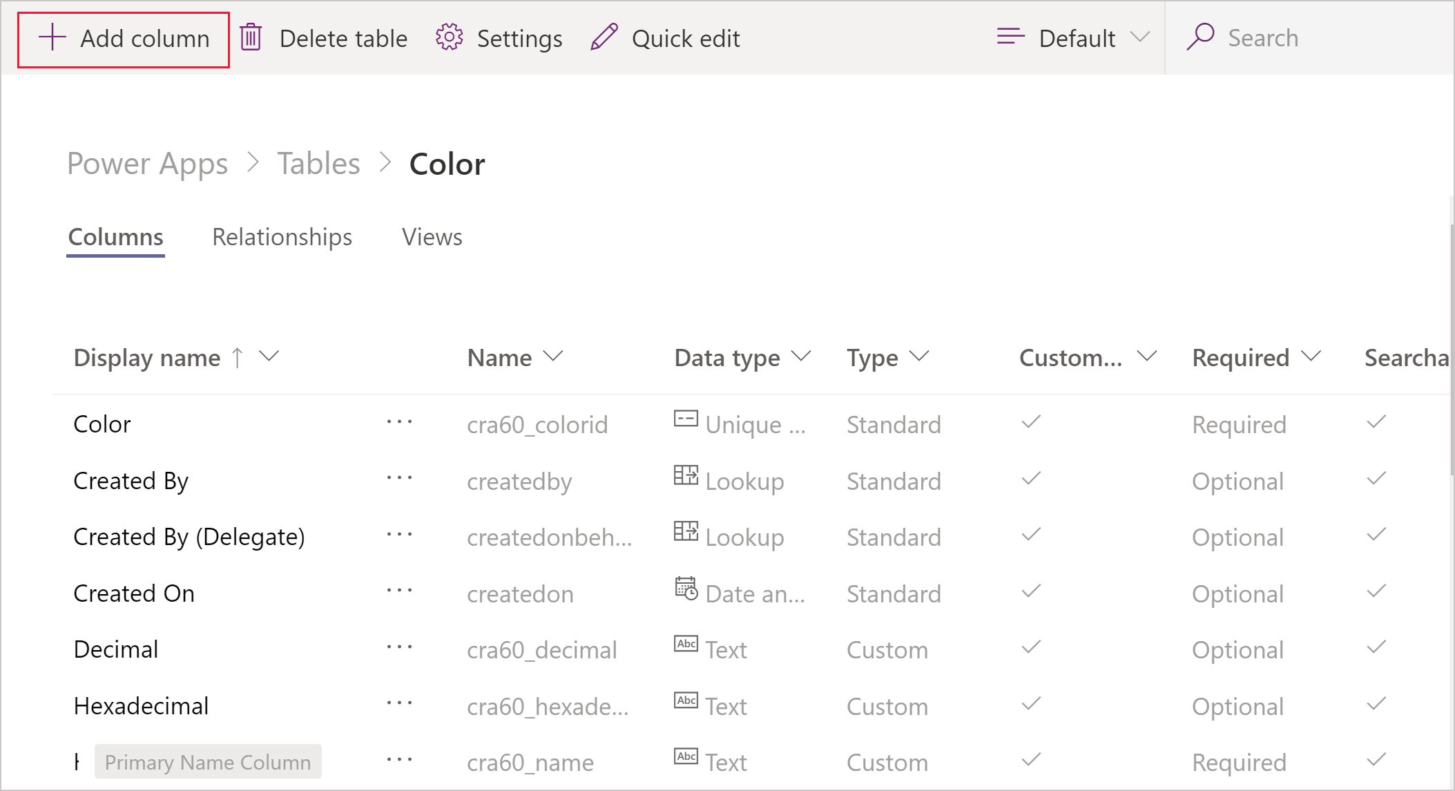 Create a table column.