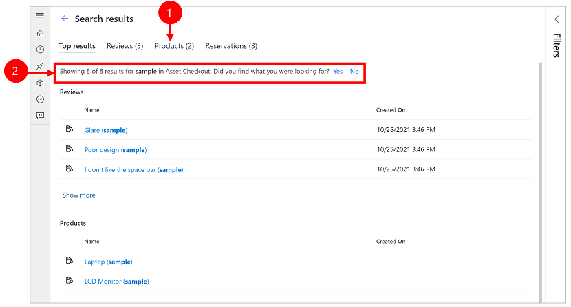 Number 1 points to a tab labeled Contacts(13), number 2 is a list of fields the results were based on.