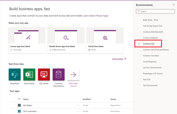 Power Apps maker portal environment selection.