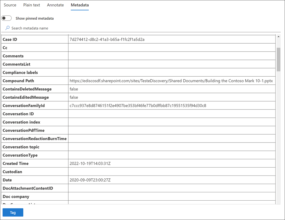 Review set metadata view