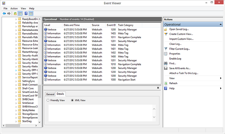 event viewer displaying the webauth operational logs