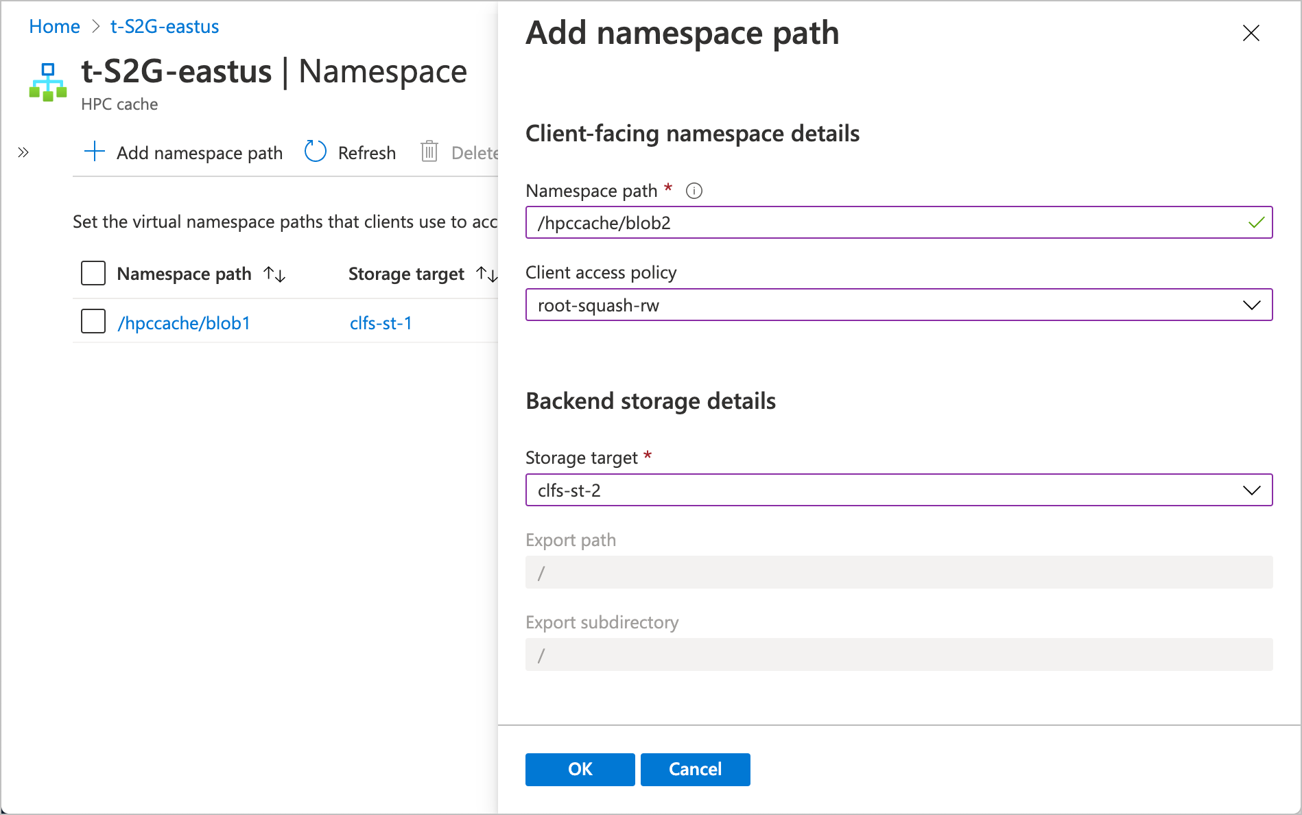 Screenshot of the add namespace edit fields with a blob storage target selected. The export and subdirectory paths are set to / and not editable.