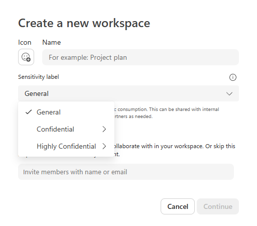 Microsoft Loop workspace creation displaying sensitivity labels to protect access to the data in the workspace.