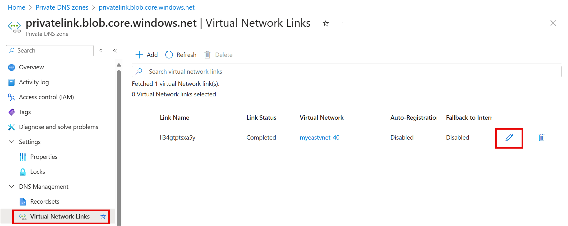 Screenshot of the editing the virtual network link.