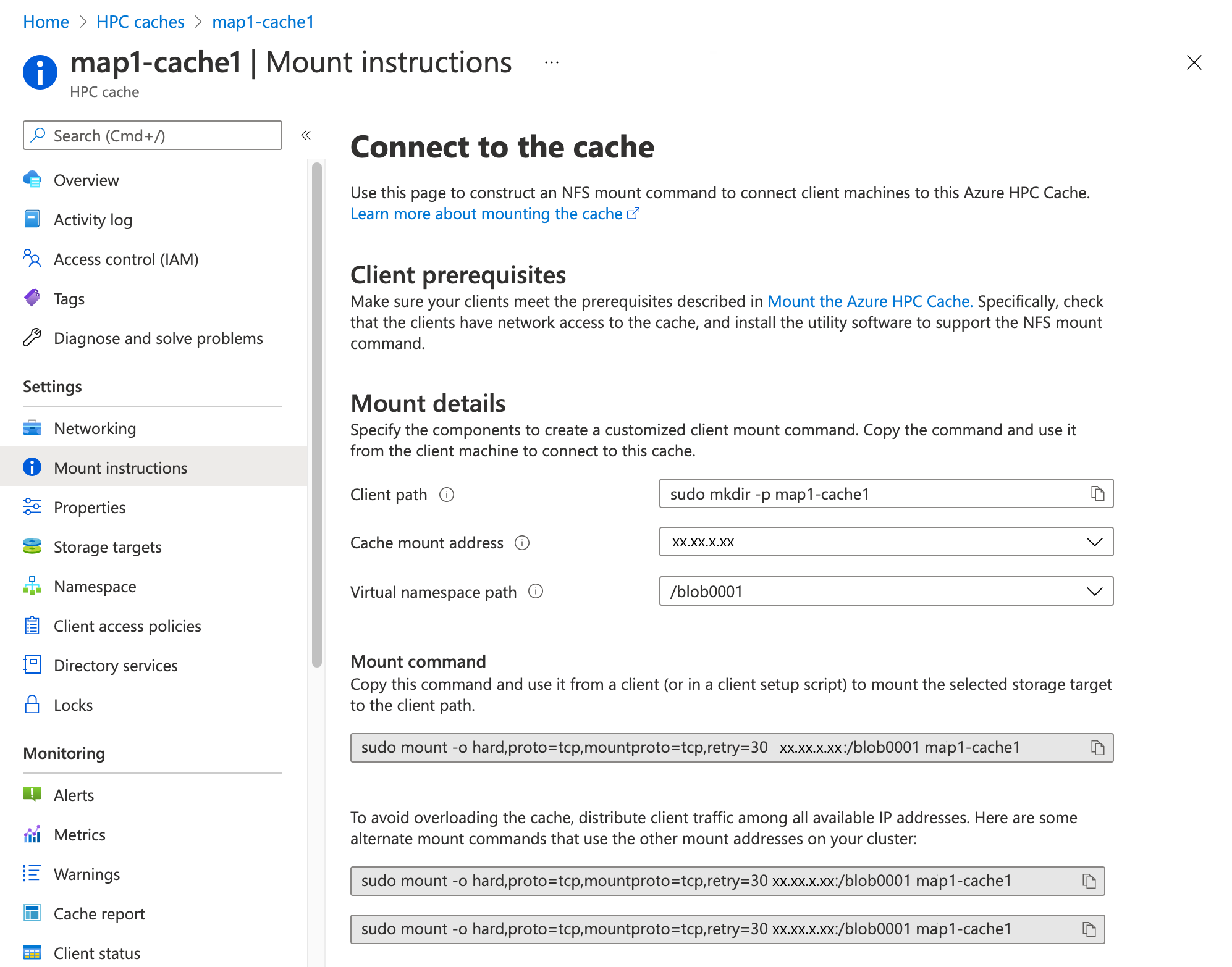 screenshot of an Azure HPC Cache instance in the portal, with the Configure > Mount instructions page loaded