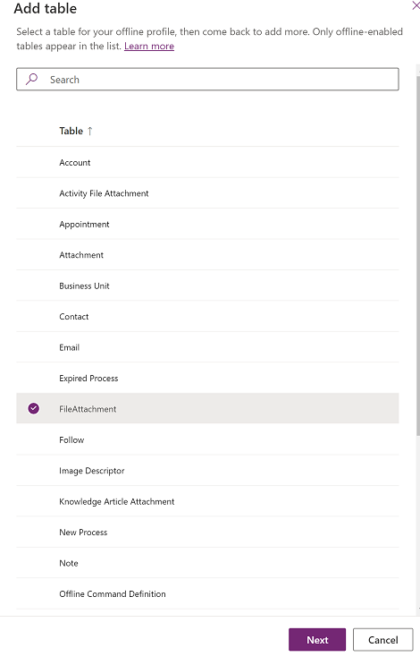 Screenshot that shows how to add the FileAttachment table.