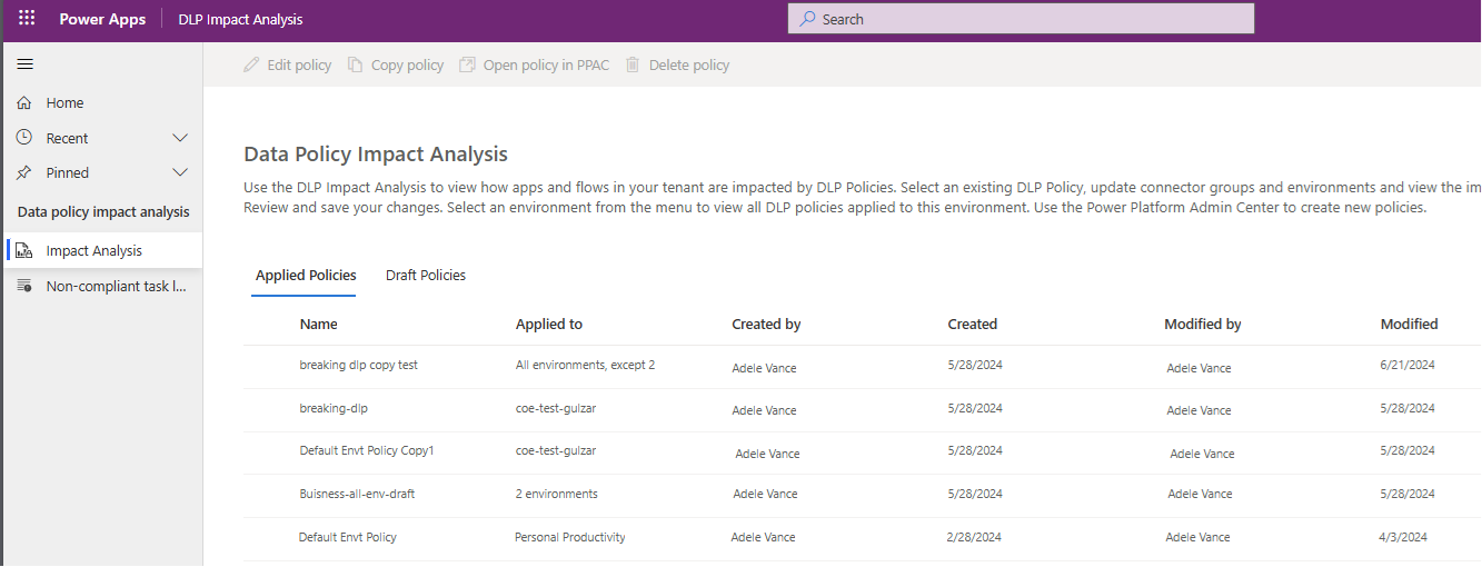 Screenshot that shows the DLP Impact Analysis page of the Data policy impact analysis menu.