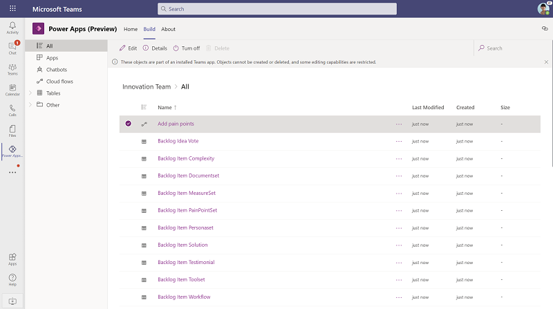 View apps, flows, and tables part of the Innovation Backlog solution.