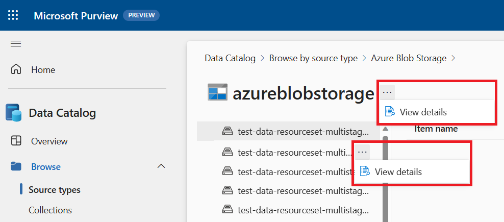 Screenshot of a data source showing the view details menu for both the source and one of its data assets.