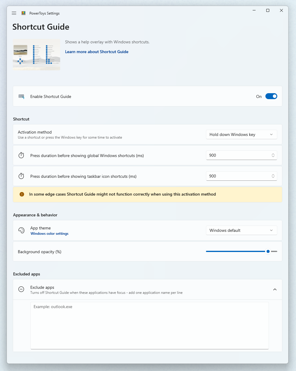 Shortcut Guide settings