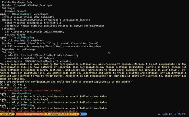 Screenshot of a PowerShell terminal running a WinGet Configuration file with the OSVersion assertion and dependent resources failing.