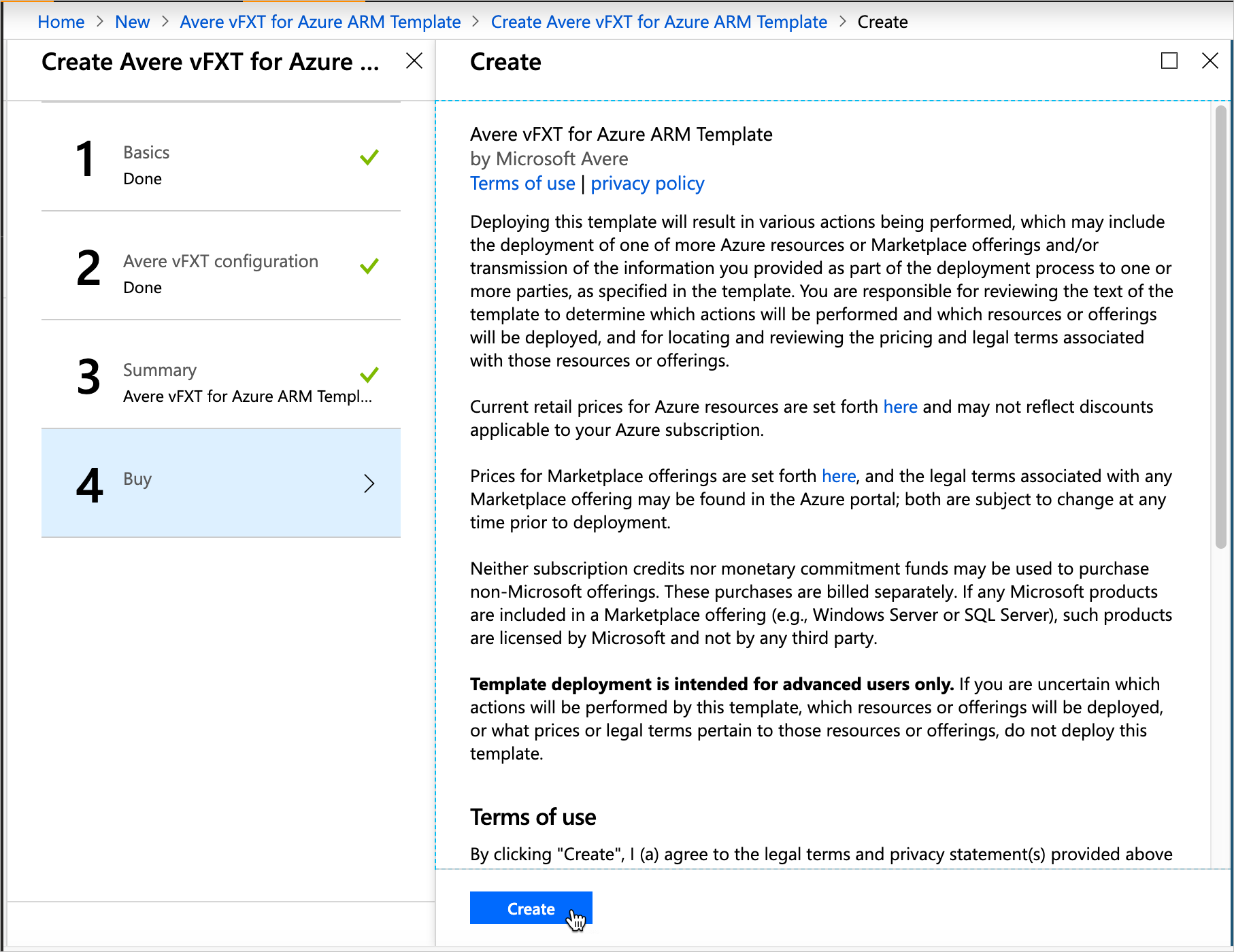 Fourth page of the deployment template - terms and conditions, create button