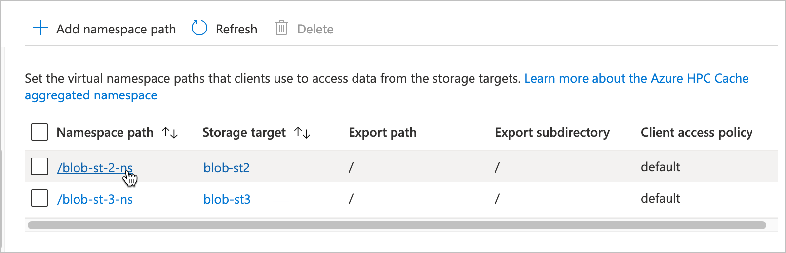 Screenshot of the Namespace page with the cursor over an item in the Namespace path column (first column to the left). The name is formatted as a hyperlink and the cursor indicates that it can be clicked.