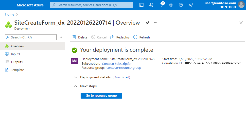 Screenshot of the Azure portal showing the confirmation of a successful deployment of a site.