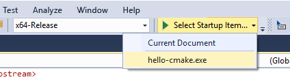 Screenshot of the Select Startup Item dropdown for a C Make project. You can select current document or hello-cmake.