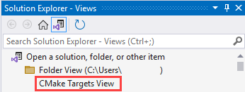 Screenshot of the Solution Explorer Views window. The folder view is open. The C Make Targets View option is highlighted.