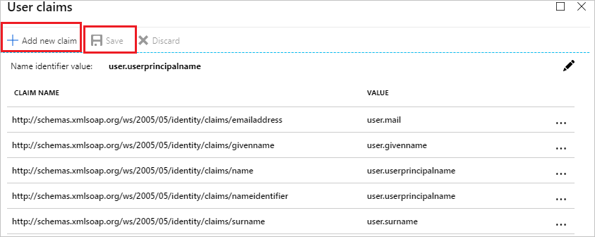 Screenshot shows User claims with options to Add new claim and save.