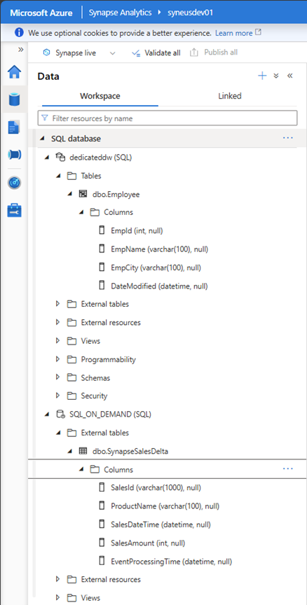 Screenshot of synapse analytics workspace.