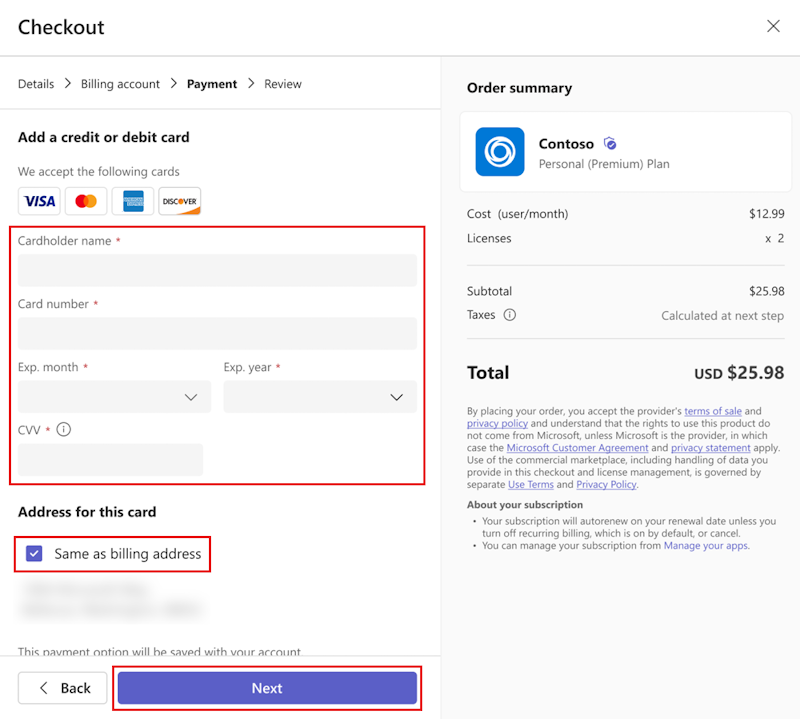 Screenshot showing the payment dialog with credit card details when admins purchase an app.