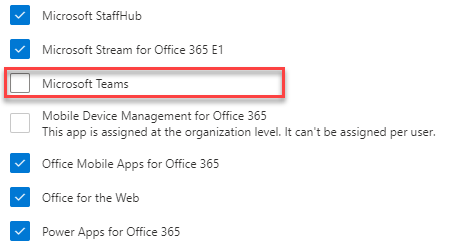 Screenshot 2 of the Teams license disabled for a user