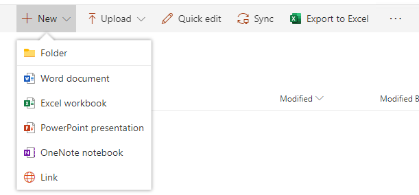 Screenshot displaying the New button with file extensions in the browser of SharePoint library.