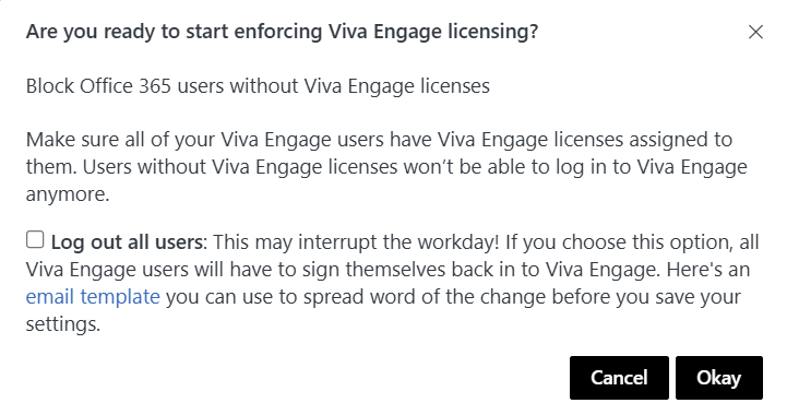 Screenshot of confirmation dialog box to start blocking users without a Viva Engage core license.