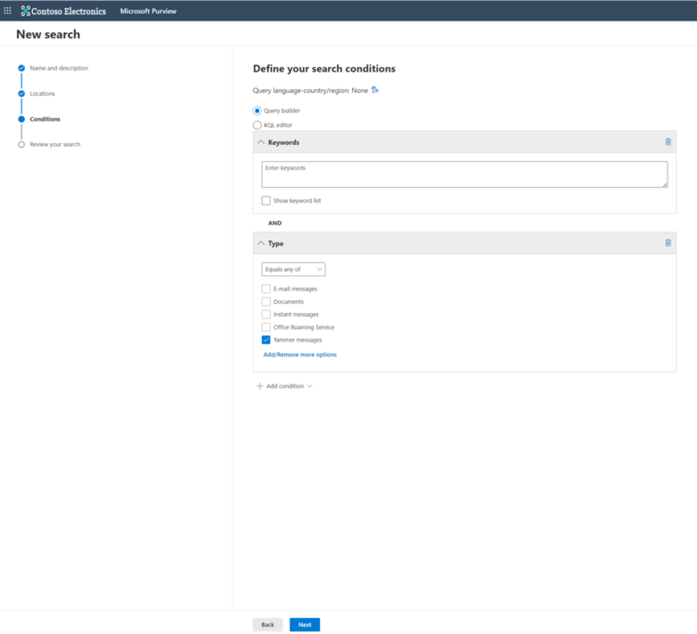 Screenshot of how to filter an eDiscovery query to search on Engage content.