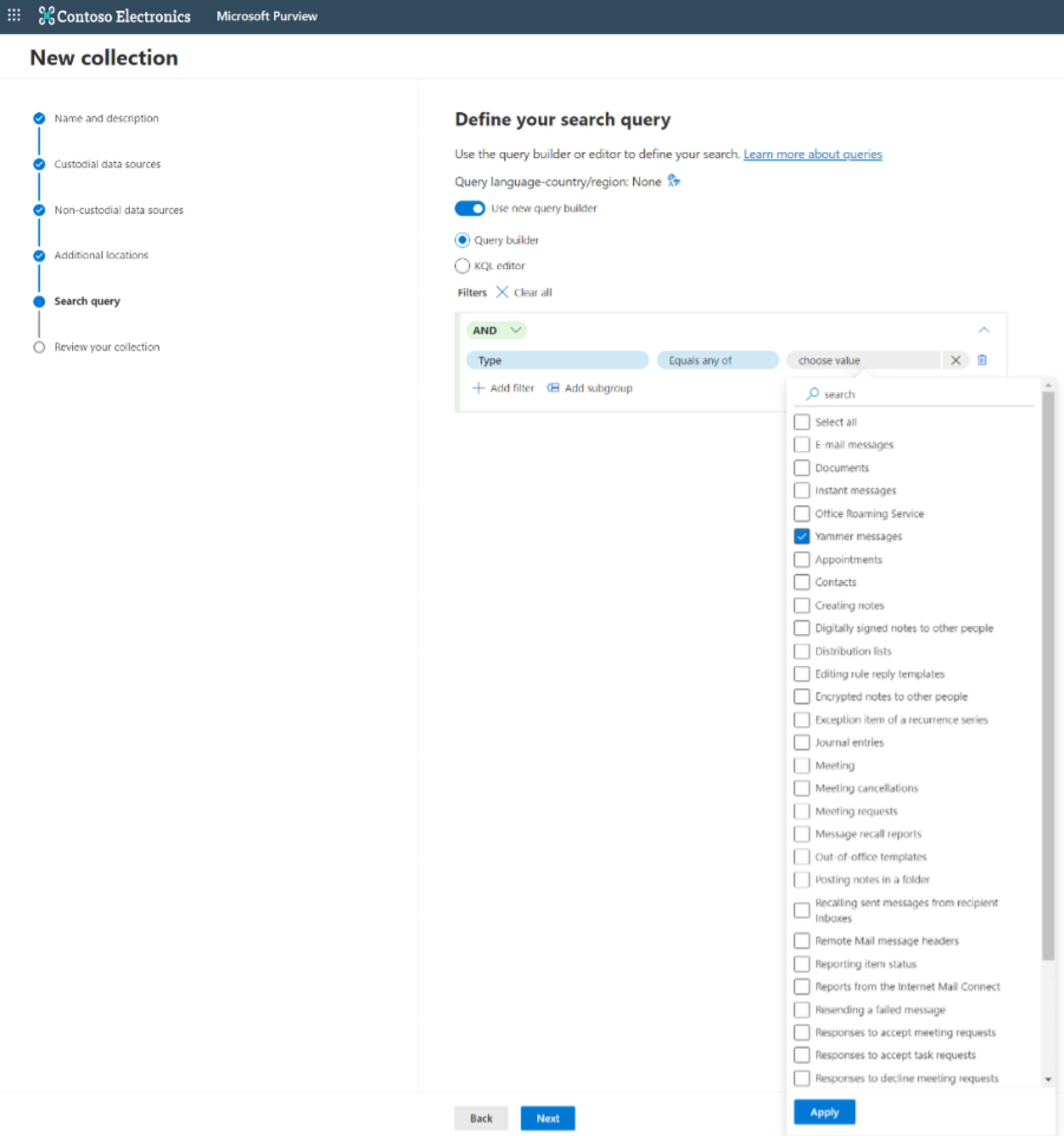 Screenshot of how to filter an eDiscovery query to search on Engage content.