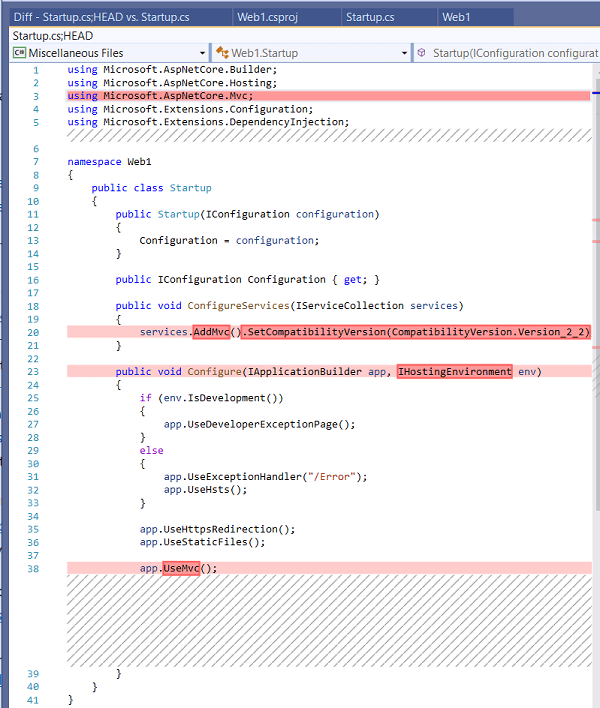 the deleted and changed lines in an ASP.NET Core 2.2 Razor Web app
