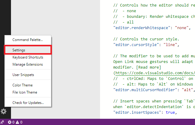 Screenshot of the Azure Data Studio Manage icon and Settings command.