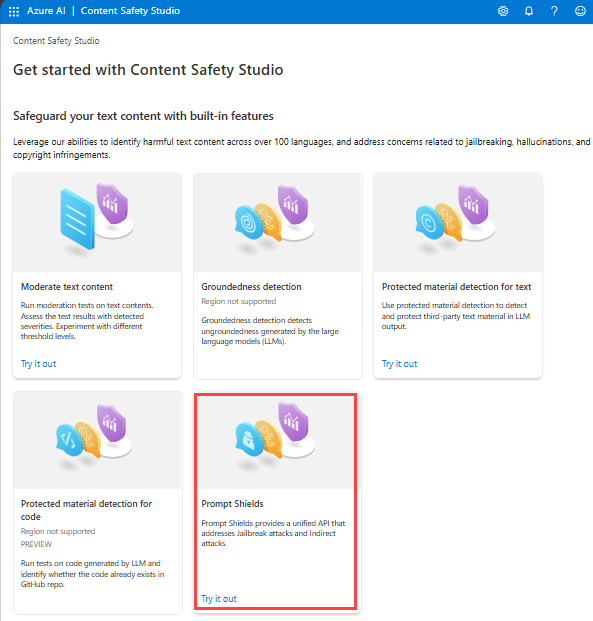 Screenshot of content safety studio with Prompt Shields panel selected.