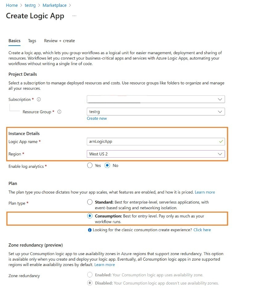 The screenshot of the created blade for an Azure Logic Apps in the Azure portal. The plan type field shows 'Consumption' selected.