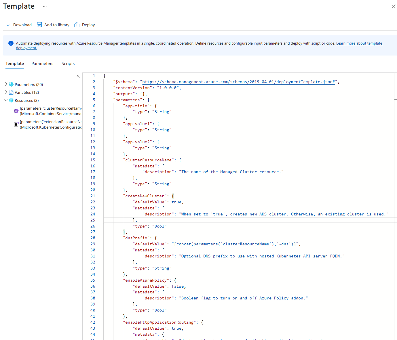 Screenshot showing an ARM template for a Kubernetes application.