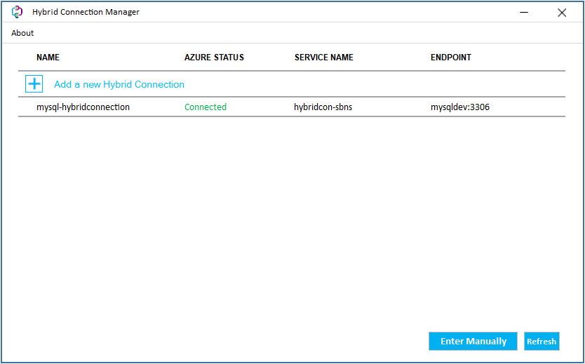 Screenshot of connections in Hybrid Connection Manager.