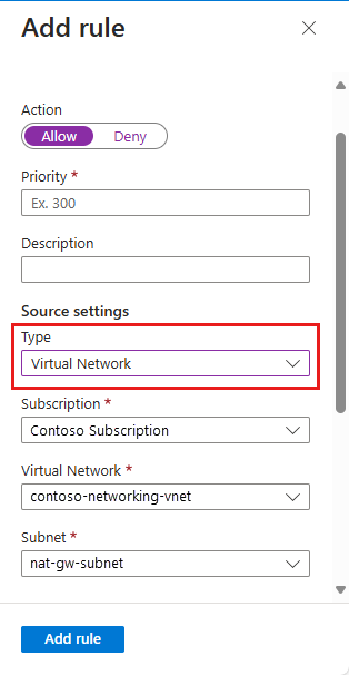 Screenshot of the 'Add Restriction' pane with the Virtual Network type selected.