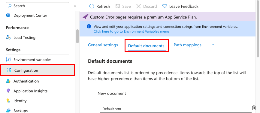 Screenshot that shows selections for displaying default documents.