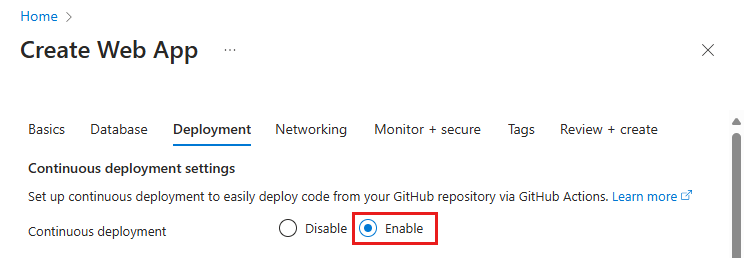 Screenshot shows how to enable GitHub Actions deployment in the App Service create Deployment tab.