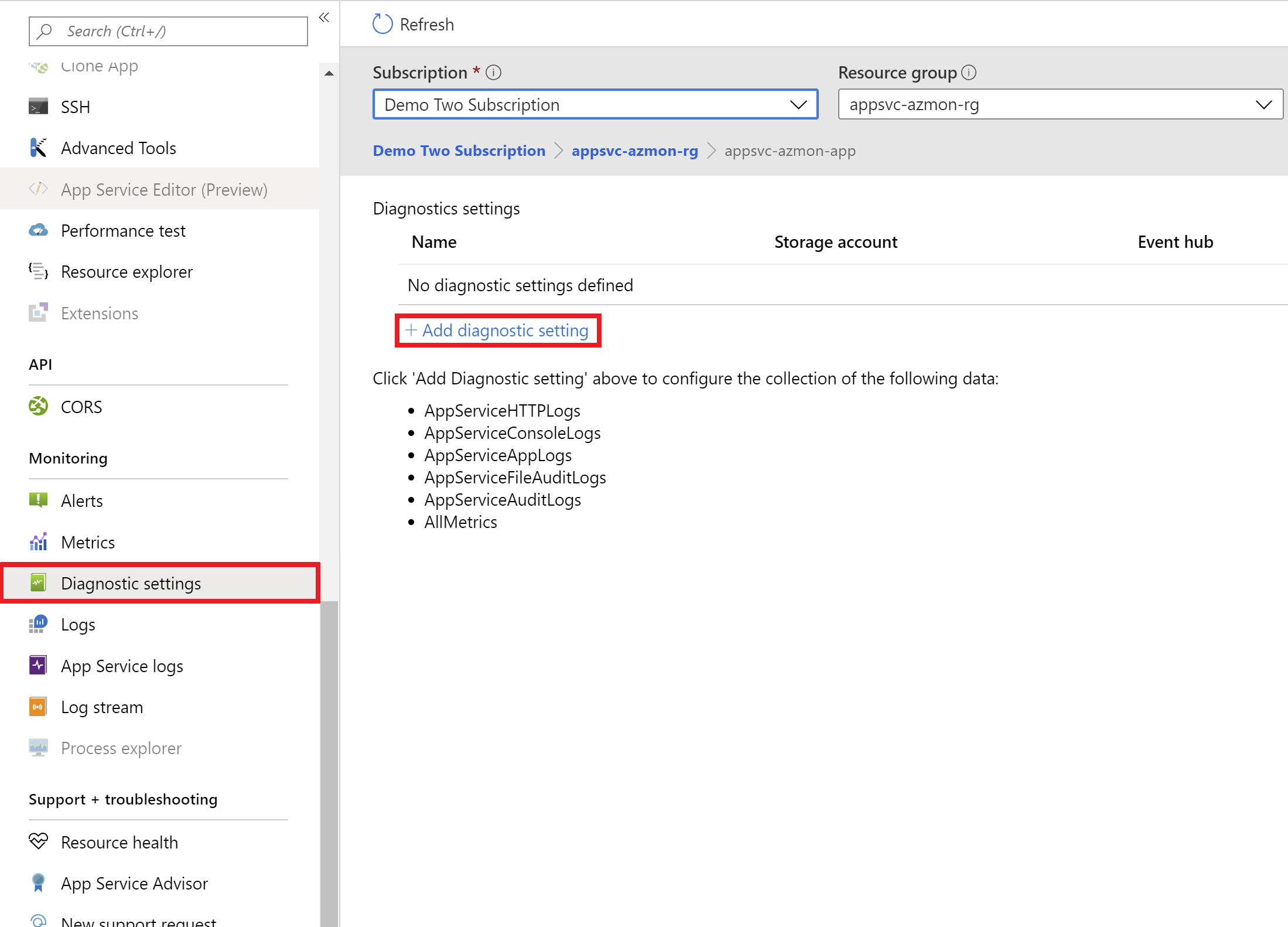 Screenshot that shows selections for displaying diagnostic settings and adding a diagnostic setting.