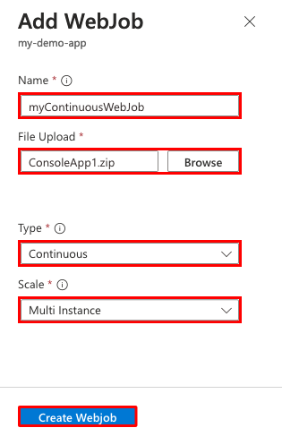 Screenshot that shows how to configure a multi-instance continuous WebJob for an App Service app.