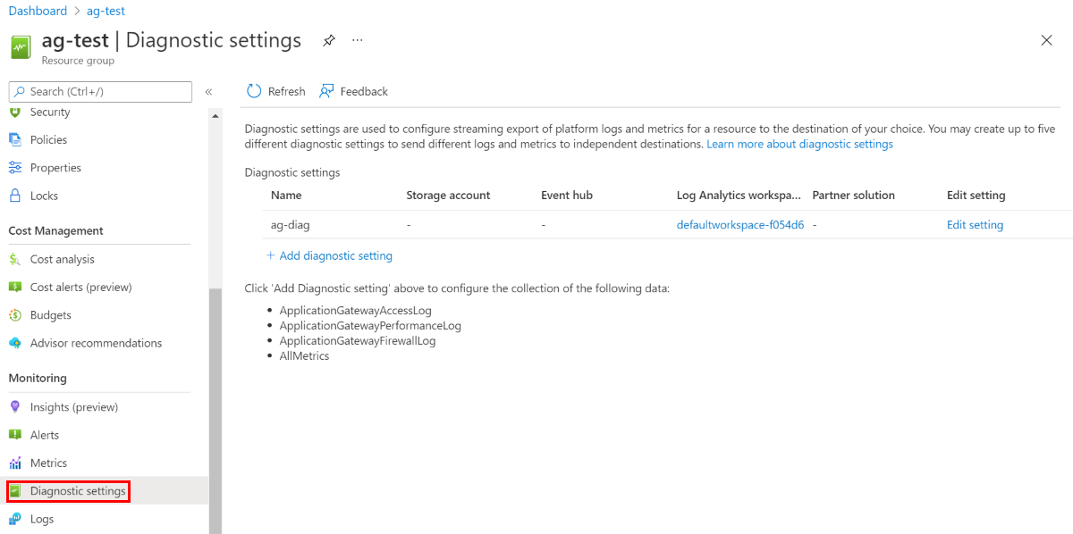 Screenshot shows an application gateway with Diagnostics settings selected.